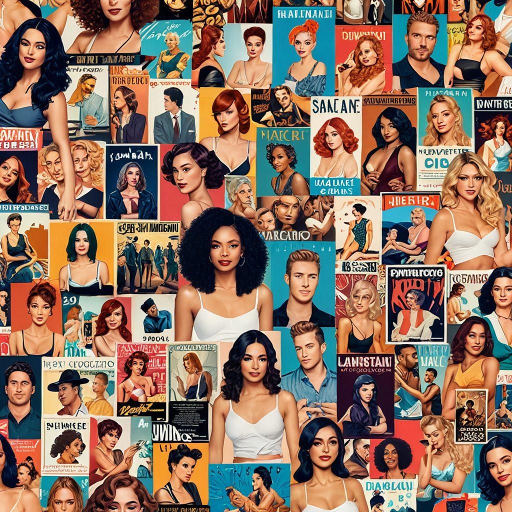 A vibrant collage representing the adult entertainment industry, featuring elements such as diverse content creators, digital devices showing various platforms, an influencer engaging with followers, and artistic representations of the industry's evolution. The scene is lively and colorful, capturing the dynamism and opportunities within the landscape. super-realistic. vibrant colors. dynamic composition.