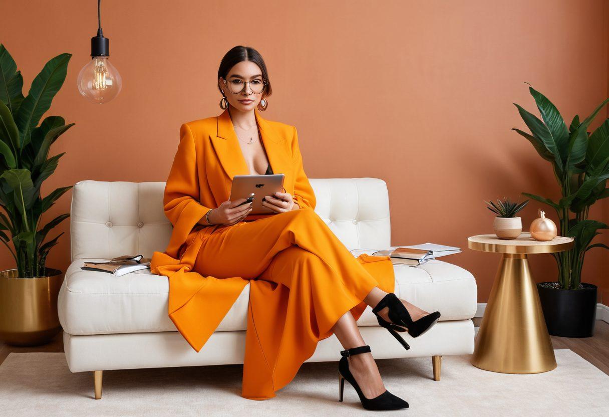 A stylish adult influencer in a modern setting, confidently navigating various NSFW content on a sleek digital device. Surrounding her, subtle hints of different blogging niches, like beauty, fashion, and lifestyle, all hinted with playful, yet tasteful adult themes. The ambiance has a chic and edgy vibe, with a blend of warm and inviting colors that evoke curiosity. The background features abstract shapes symbolizing the online community. vibrant colors. modern aesthetic.